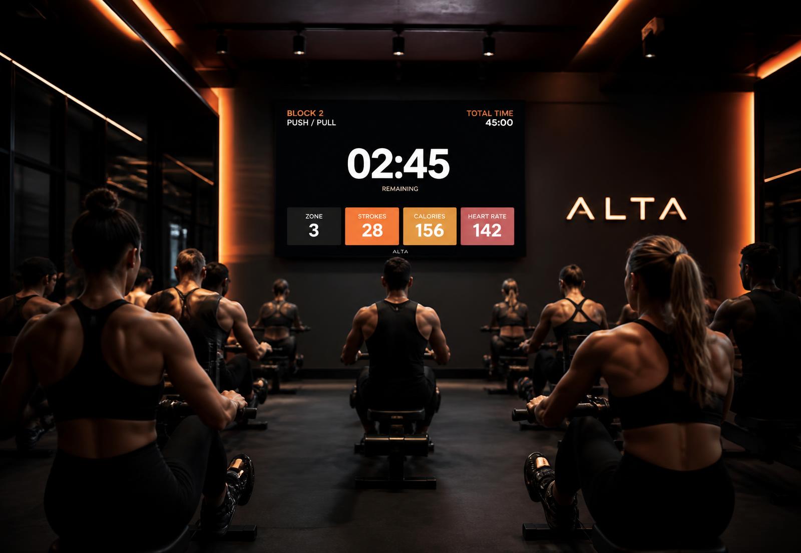 Boutique studio with a large workout timer display