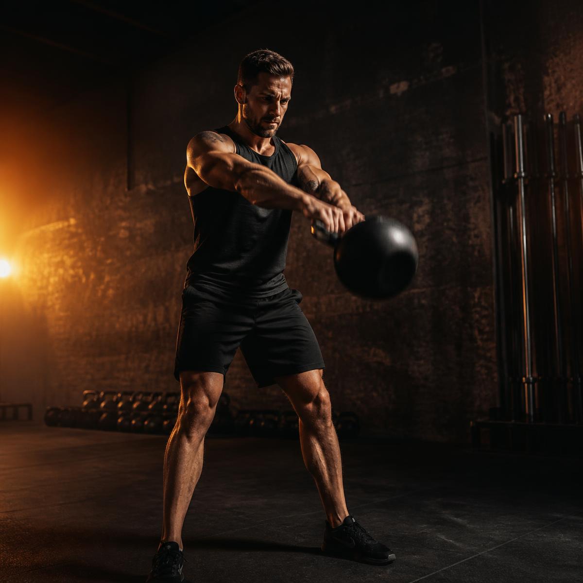 Man performing a kettlebell swing in a dark gym