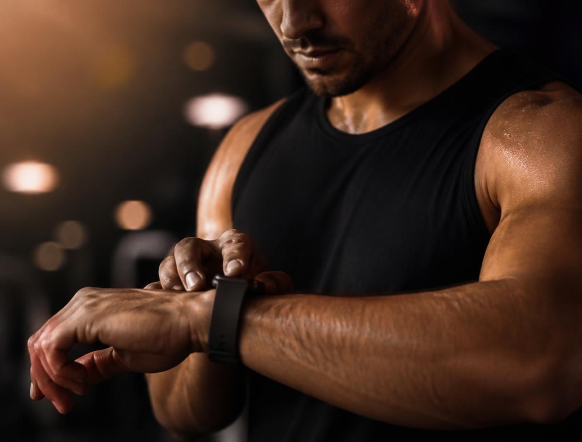 Athlete checking a smartwatch mid workout